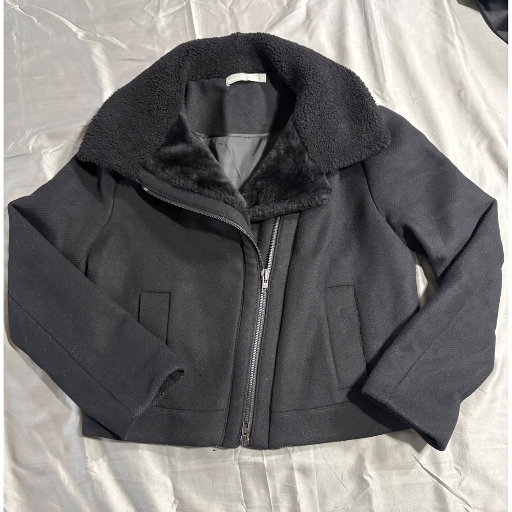 Vince Black Wool Cashmere Shearling Collar‎ Moto Jacket Womens XS V06730